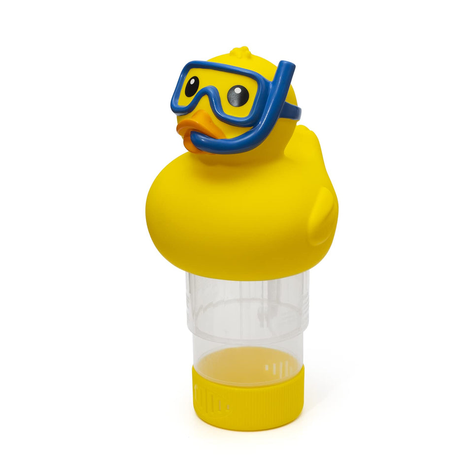 Doli Yearning duck chlorine dispenser, full-view setup for pool chemical management.