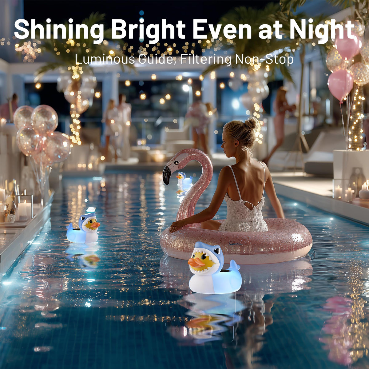 Doli Yearning night light illuminated float enhances pool ambiance for evening swims.