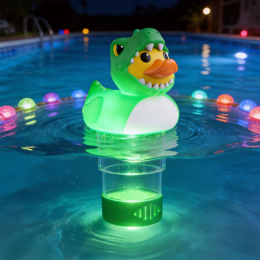 DoliWish solar pool floater with green dino design provides solar-powered chlorine distribution.