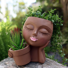 Dolkgy face flower pot head planter brightens indoors with two drainage pockets