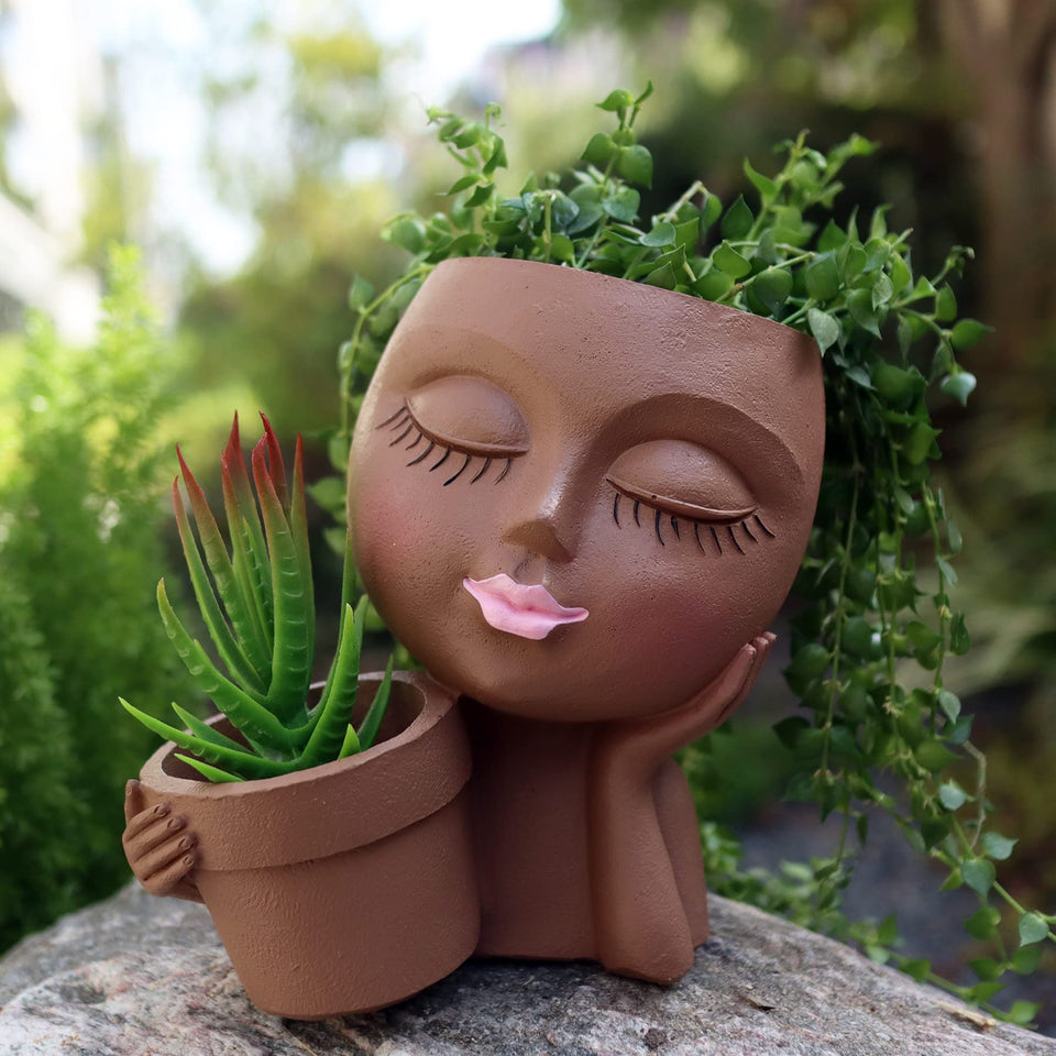 Dolkgy face flower pot head planter brightens indoors with two drainage pockets