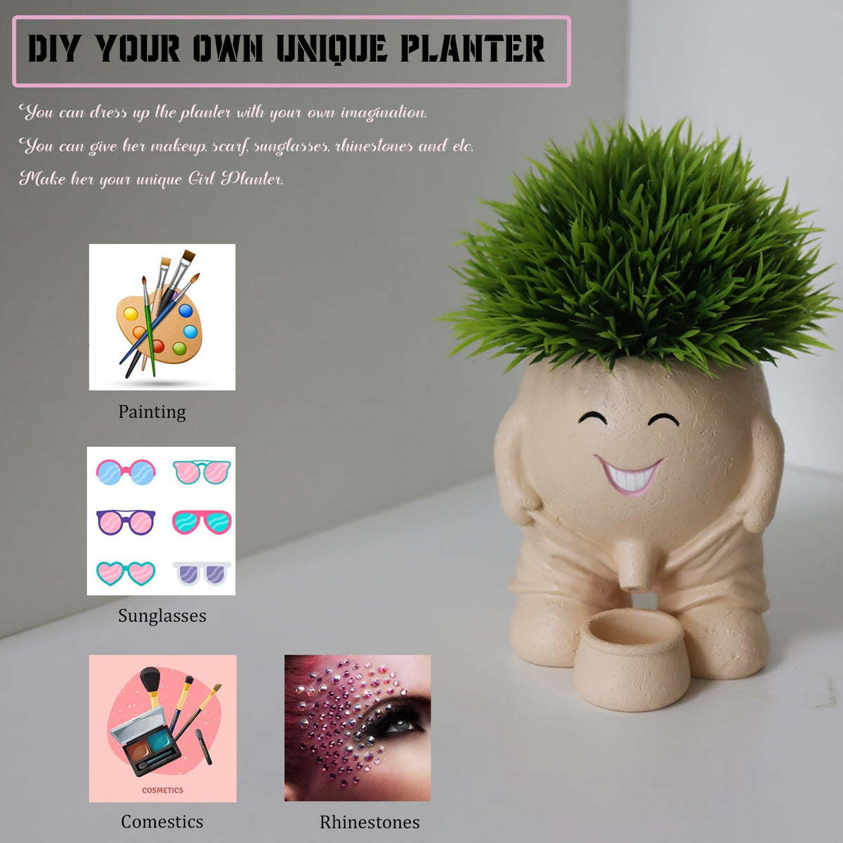 Dolkgy head vase used as office decor for a friendly focal point.