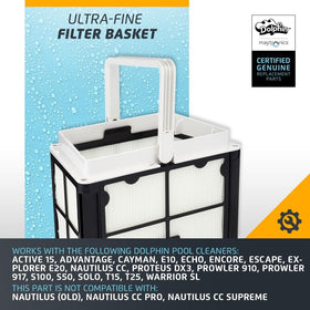 Dolphin Ultra-Fine Filter Basket 9991460-R1 assembly demonstrates easy replacement.