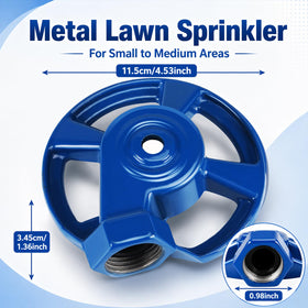 Domensi blue cast-iron lawn sprinkler close-up joint, easy installation with threaded joints.