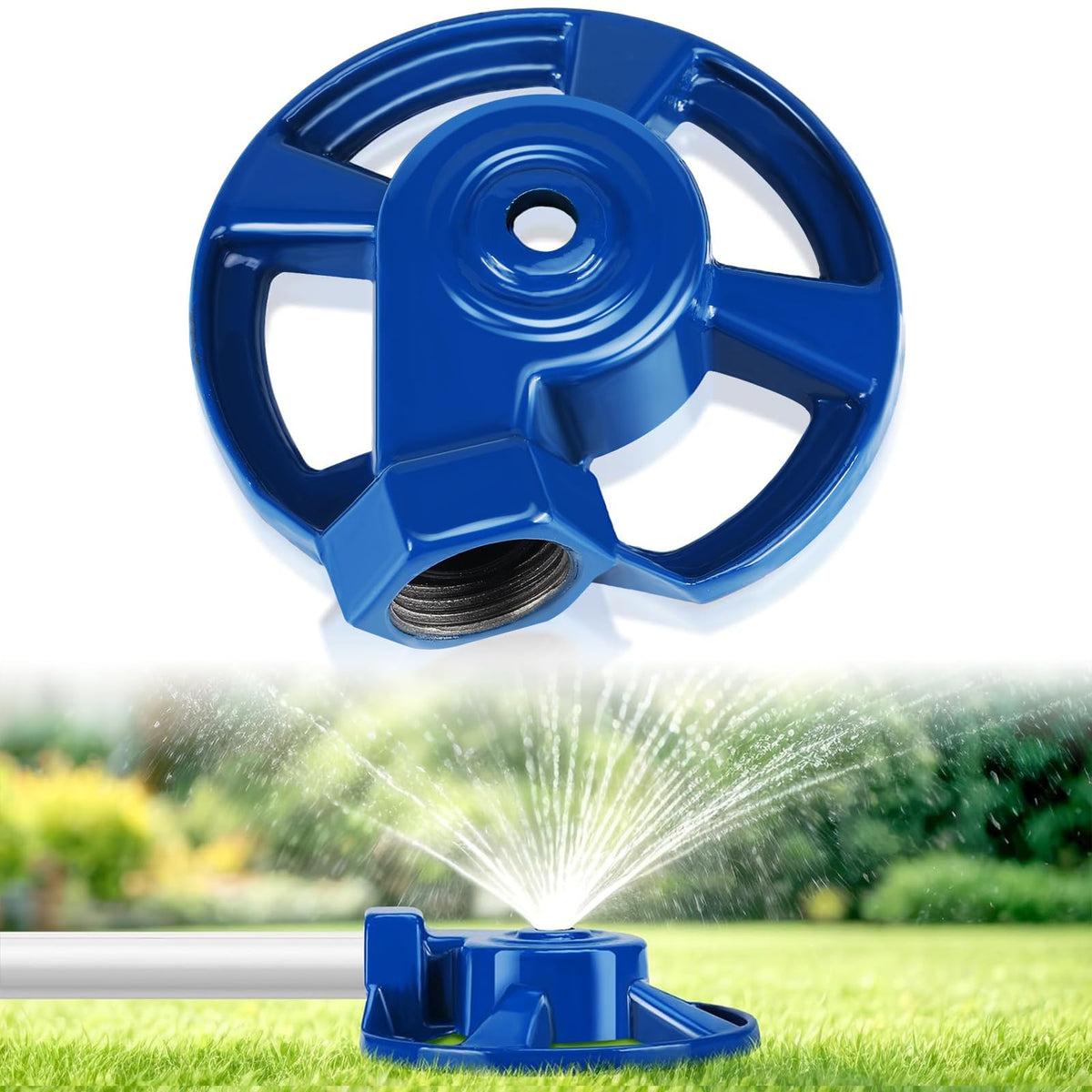 Domensi blue cast-iron lawn sprinkler, side view, sturdy water distribution for yards.