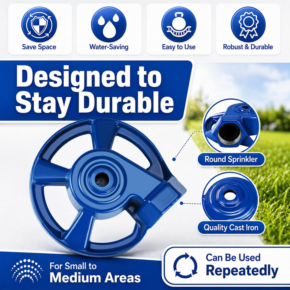 Domensi blue cast-iron lawn sprinkler, top view, compact design fits limited spaces.
