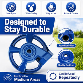 Domensi blue cast-iron lawn sprinkler, top view, compact design fits limited spaces.