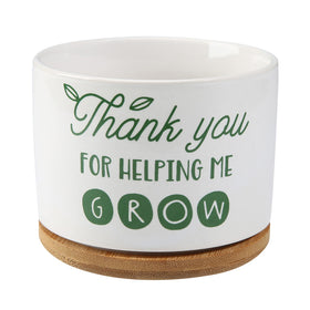 DOMG teachers appreciation ceramic pot with bamboo saucer, ideal for desk display and gifting.
