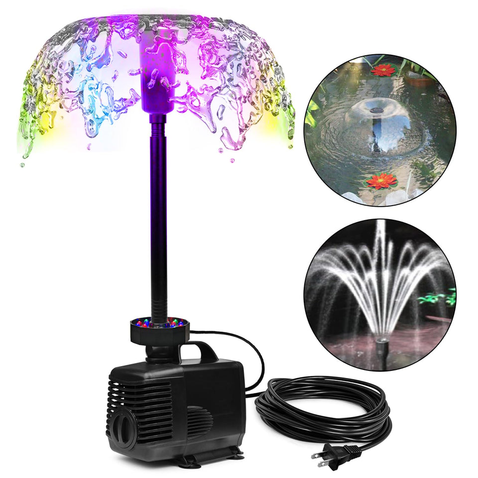 DOMICA 45W pond pump with color-changing LEDs illuminating water features at night