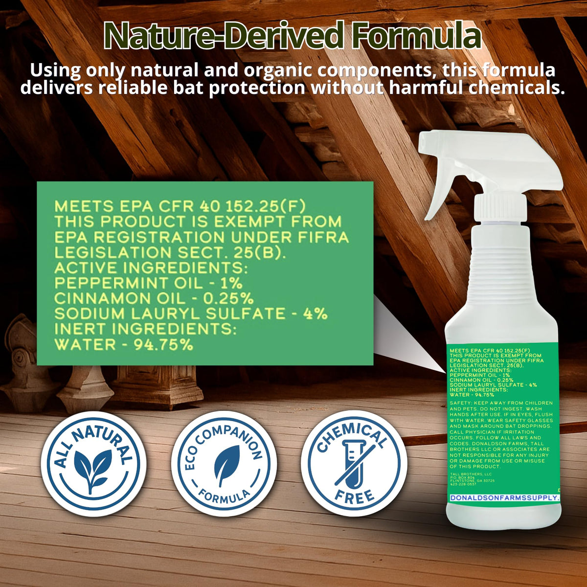 Donaldson Farms Bat Deterrent Bottle Closeup helps visualize quick spray coverage.