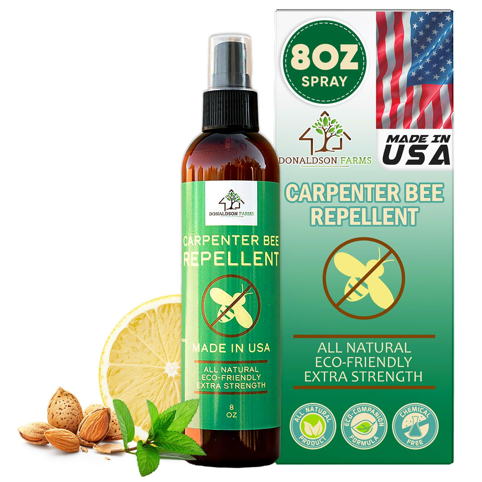 Donaldson Farms carpenter bee repellent bottle provides natural protection for wood surfaces.