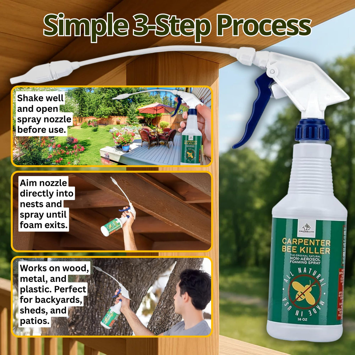 Donaldson Farms Carpenter Bee Spray cedar pine surfaces treated for carpenter bees.