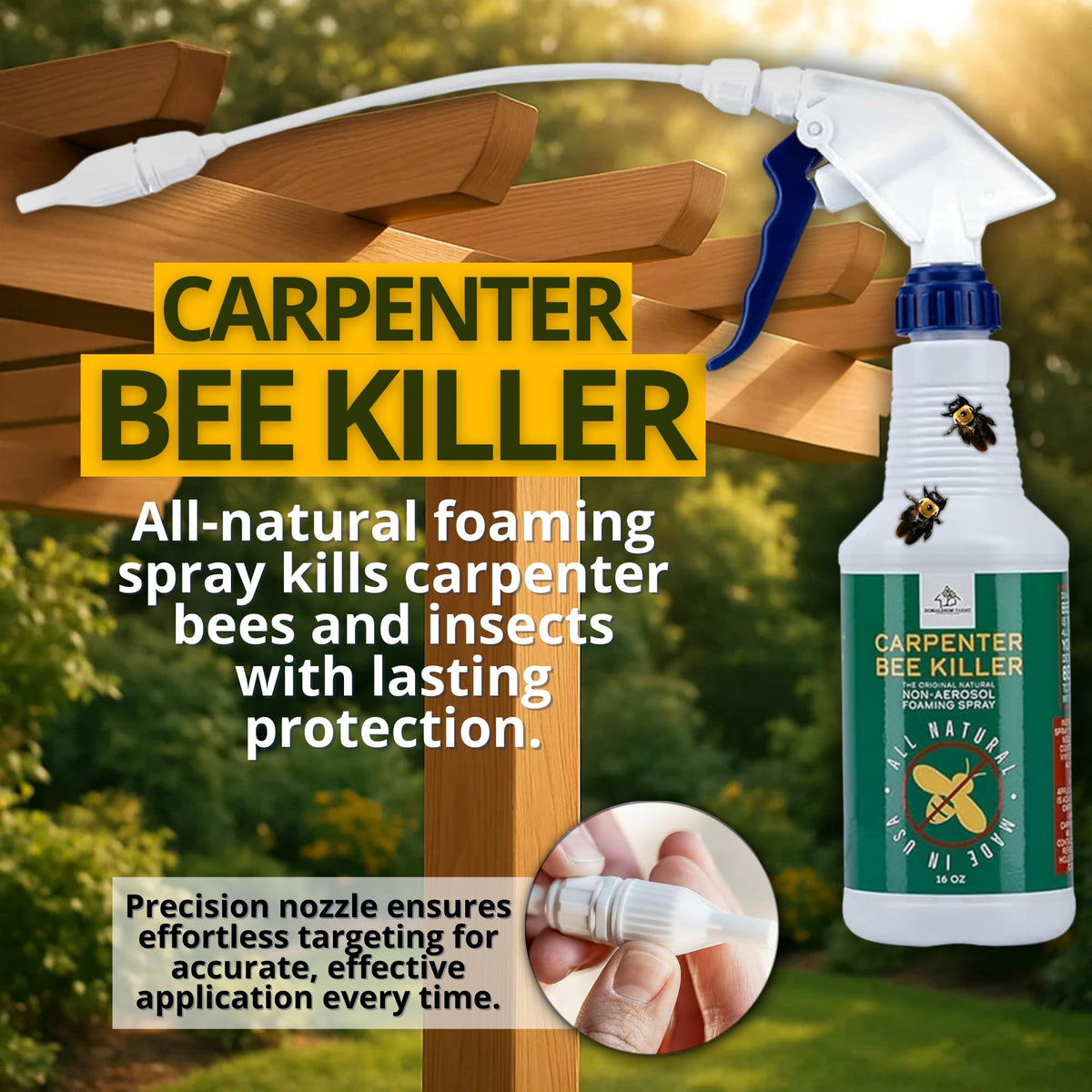 Donaldson Farms Carpenter Bee Spray deep tunnel saturation protects cedar and pine wood.