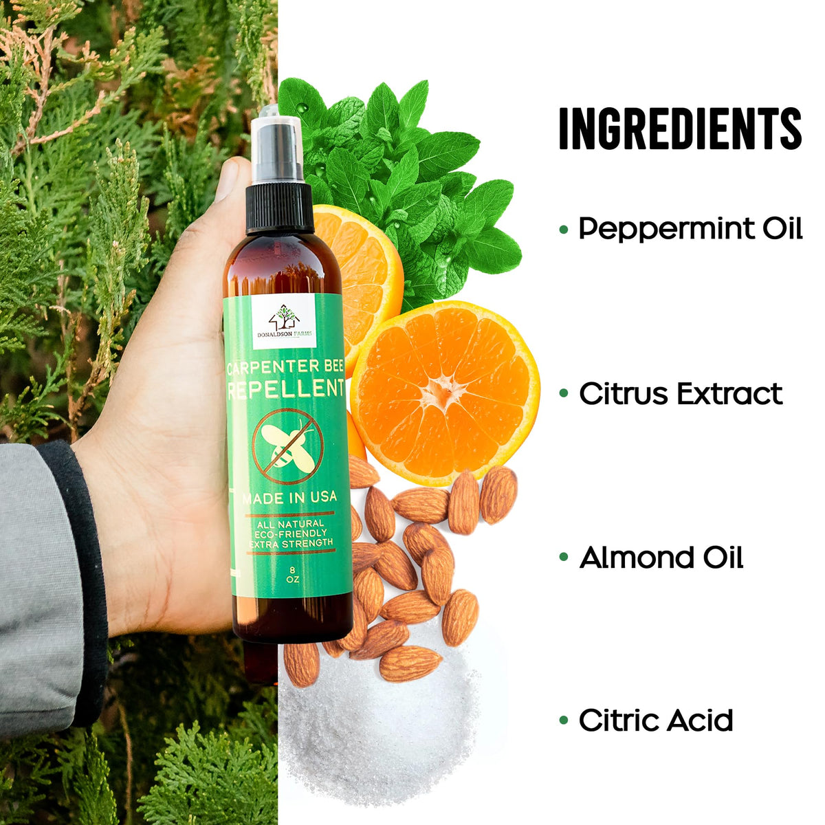 Eco-friendly Donaldson Farms spray protects decks, fences, and outdoor furniture from bees.