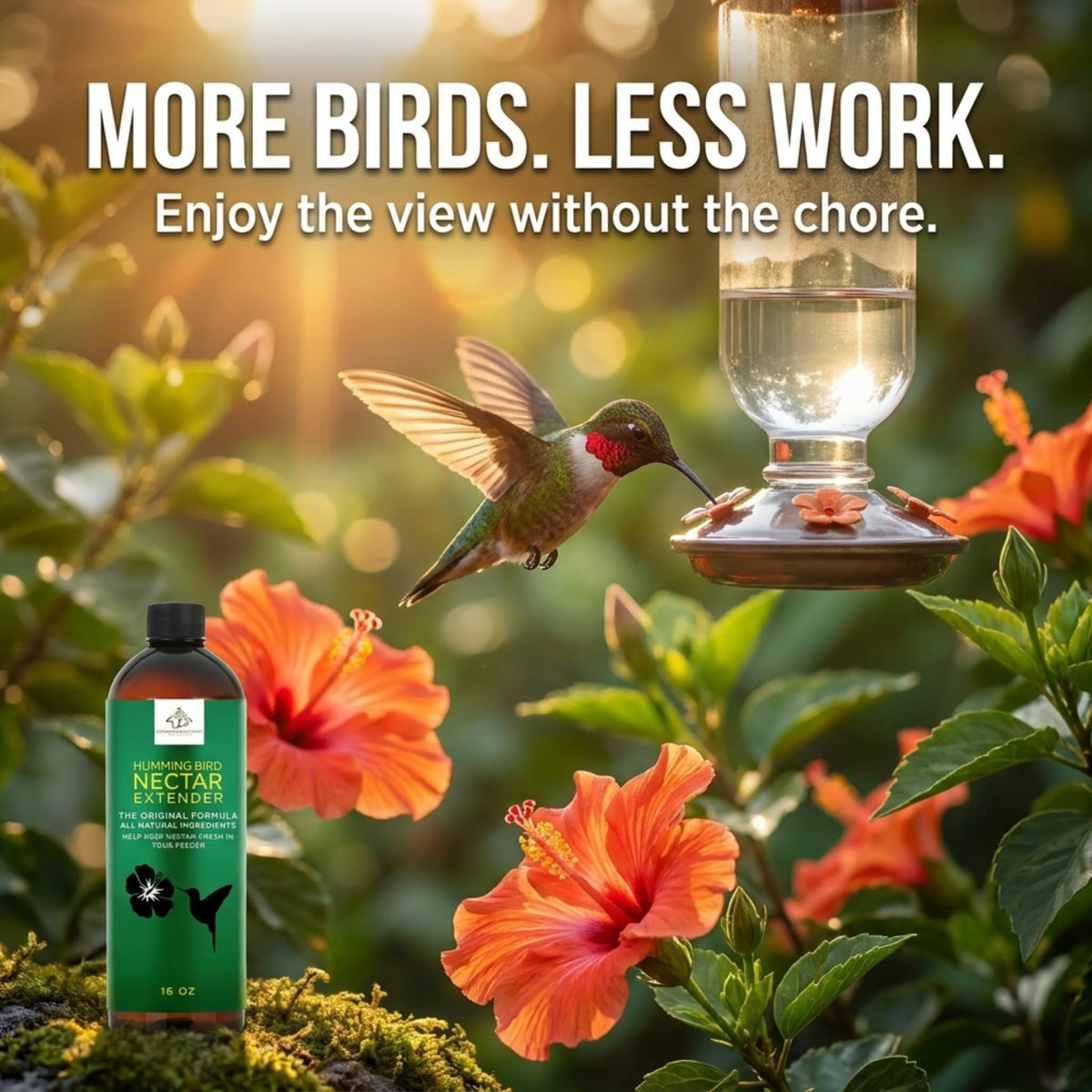 Donaldson Farms Hummingbird attraction scene with a busy garden feeder.