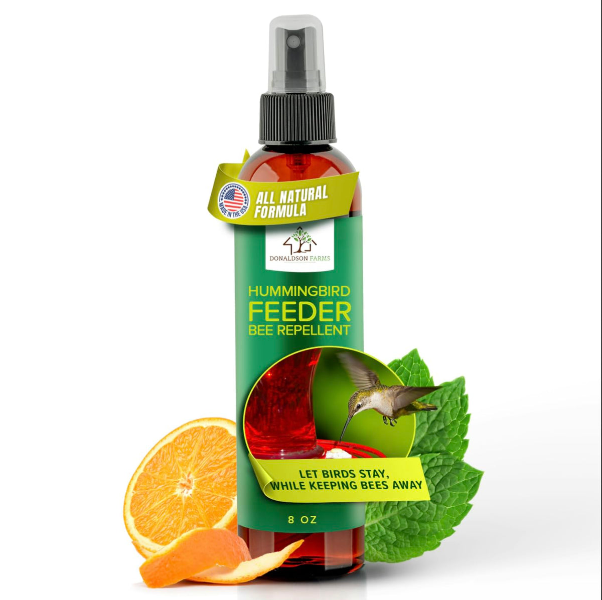 Donaldson Farms bee-repellent spray on hummingbird feeder exterior to deter bees