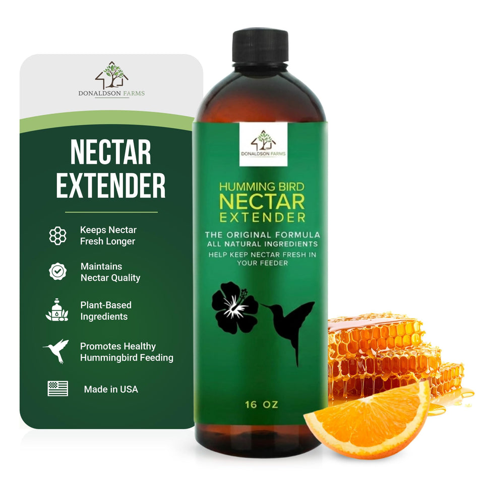 Donaldson Farms Hummingbird Nectar Extender bottle keeps nectar fresh up to two weeks.