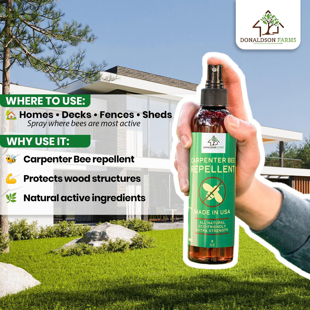 Outdoor wood protection with Donaldson Farms bee deterrent on garden furniture and timber.
