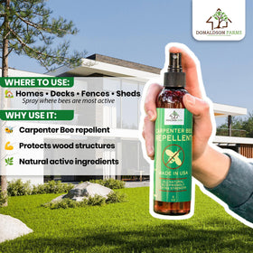 Outdoor wood protection with Donaldson Farms bee deterrent on garden furniture and timber.
