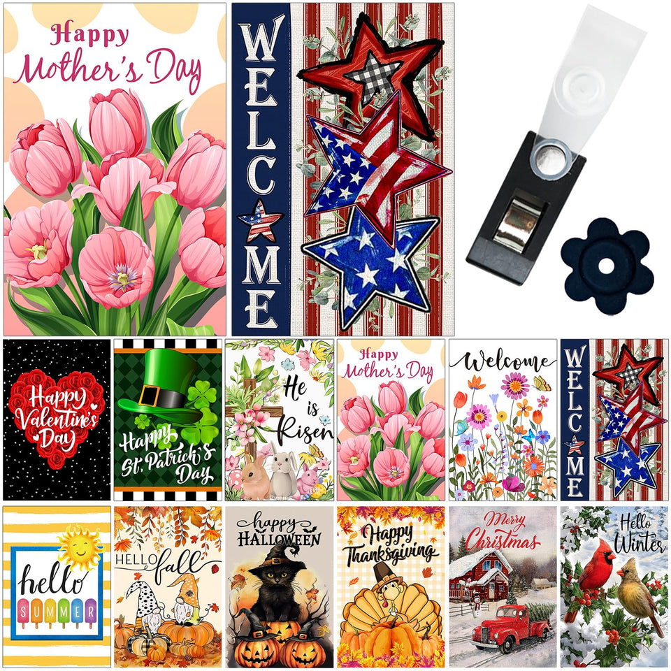 Doncida seasonal flag set overview highlighting year-round curb appeal for front yards.