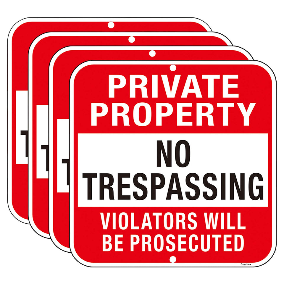 Doninex private-property no-trespassing sign front view, 12x12 inch metal panel for clear warning.