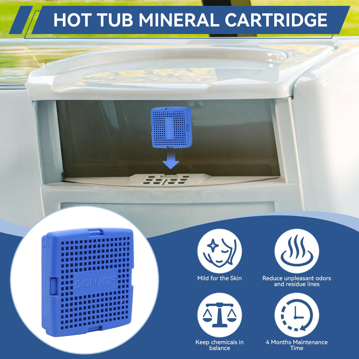 Spa water appears clearer with DONJOP mineral cartridge within the filtration system.