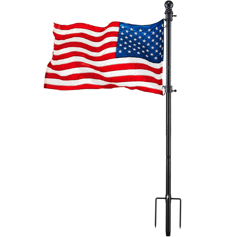 DonSail black flag pole with two-prong base for stable yard installation.