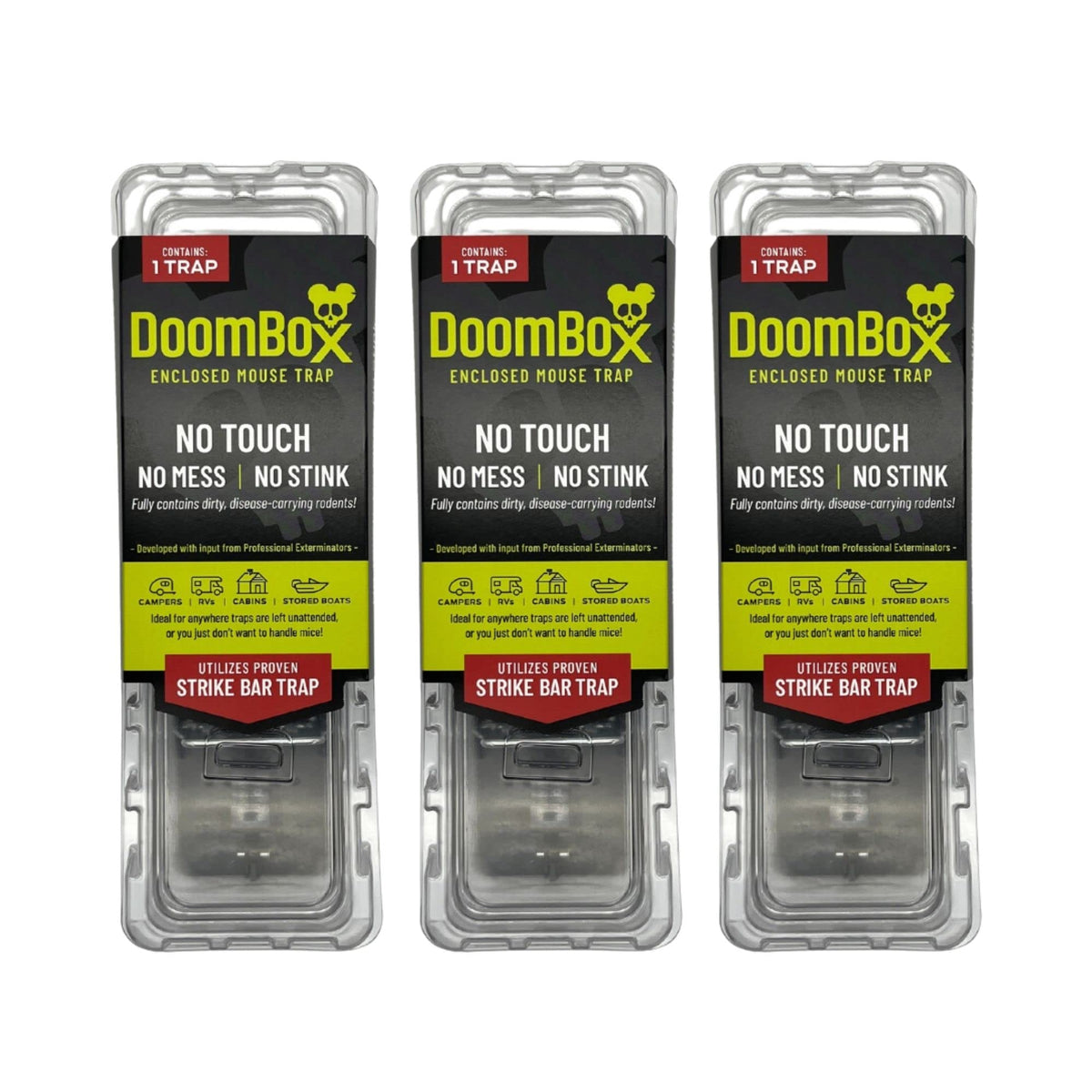 DoomBox clear enclosed mouse trap with see-it-all view for quick monitoring.