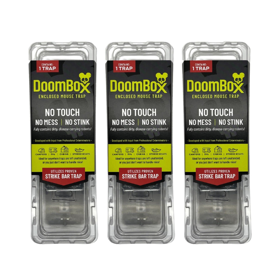 DoomBox clear enclosed mouse trap with see-it-all view for quick monitoring.