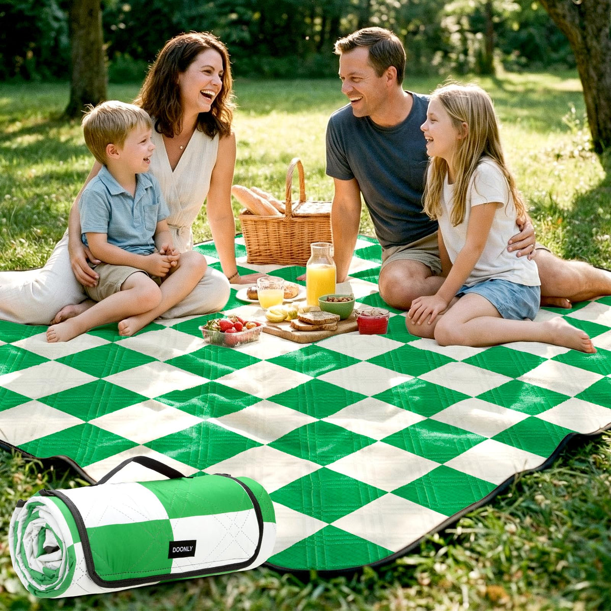 Doonly Picnic Blanket opened on grass, ample space for meals and games
