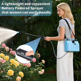 Doontyxiad sprayer with extended wand for reaching tall plants.