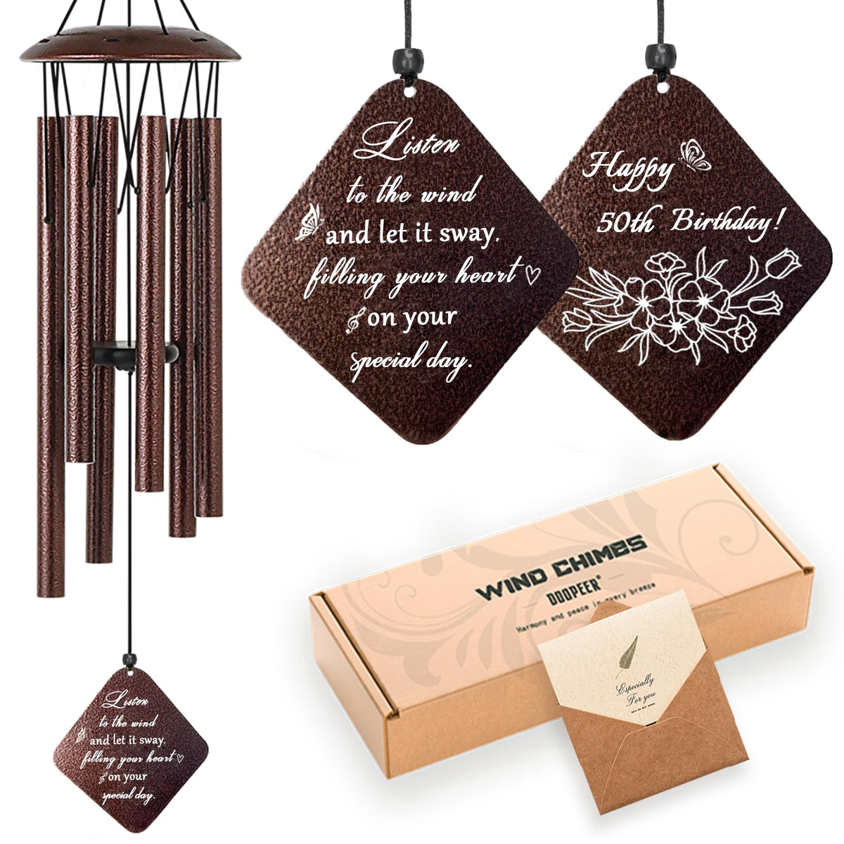 Doopeer 50th birthday wind chime in bronze-tone adds elegant celebration to outdoor spaces.