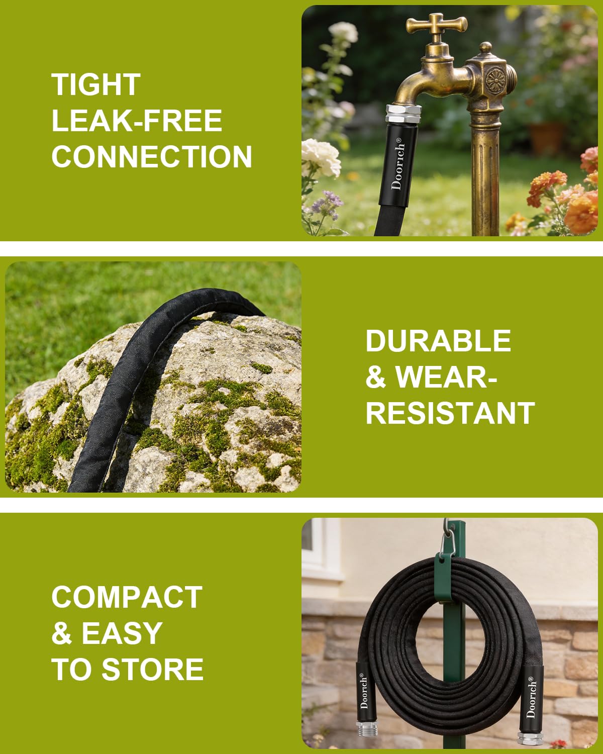 Doorich easy-to-store hose coils compactly for small spaces.