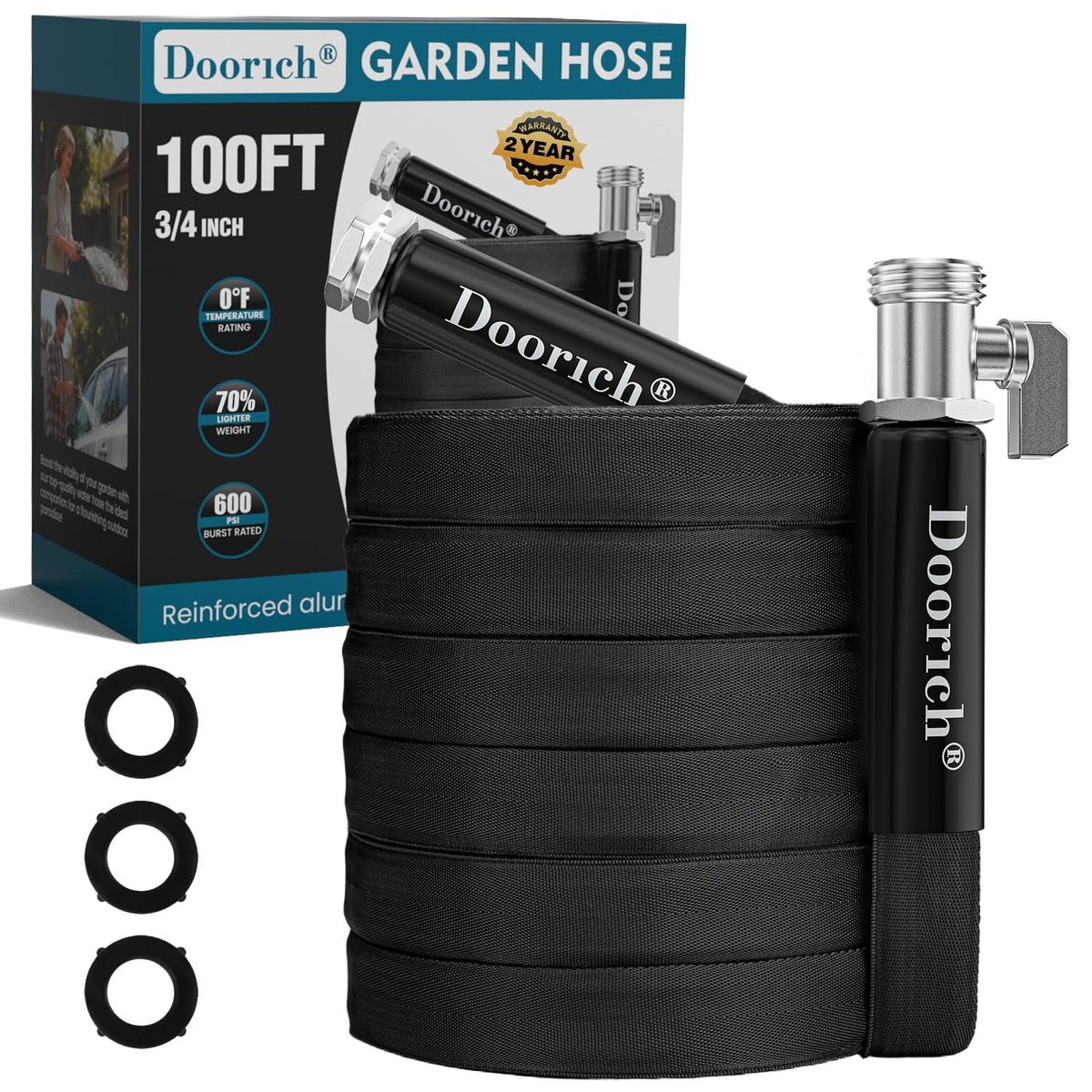 Doorich garden hose 100ft with built-in valve for quick flow control.