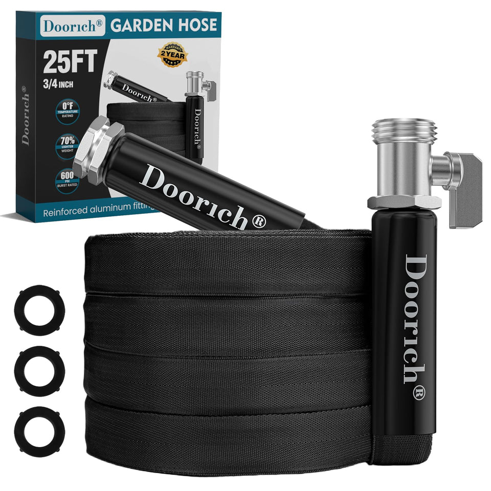 Doorich 25ft garden hose neatly coiled for compact storage.