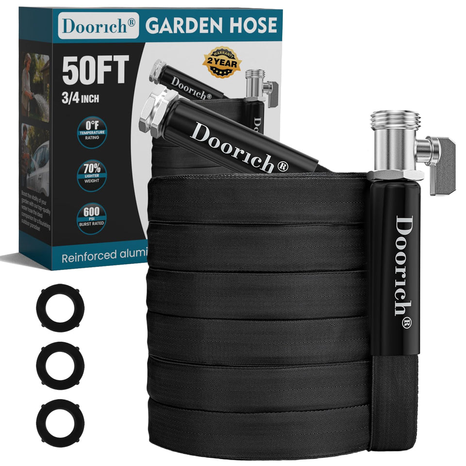 Doorich garden hose in use for precise watering with a kink-free spray.