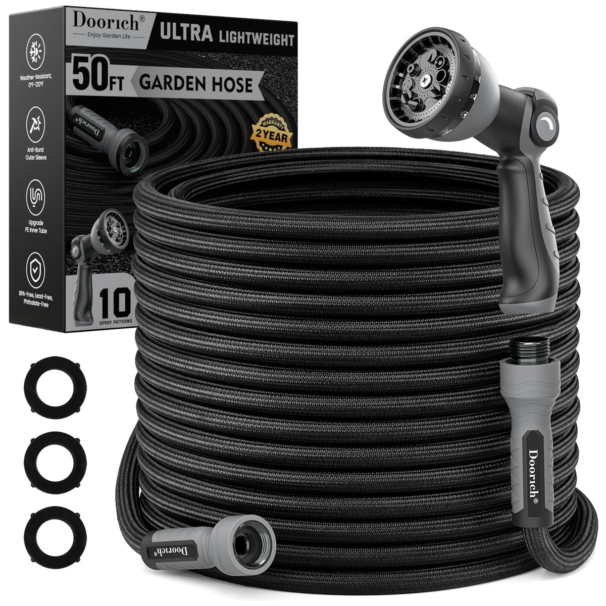 Doorich garden hose 50ft with swivel ends for kink-free watering