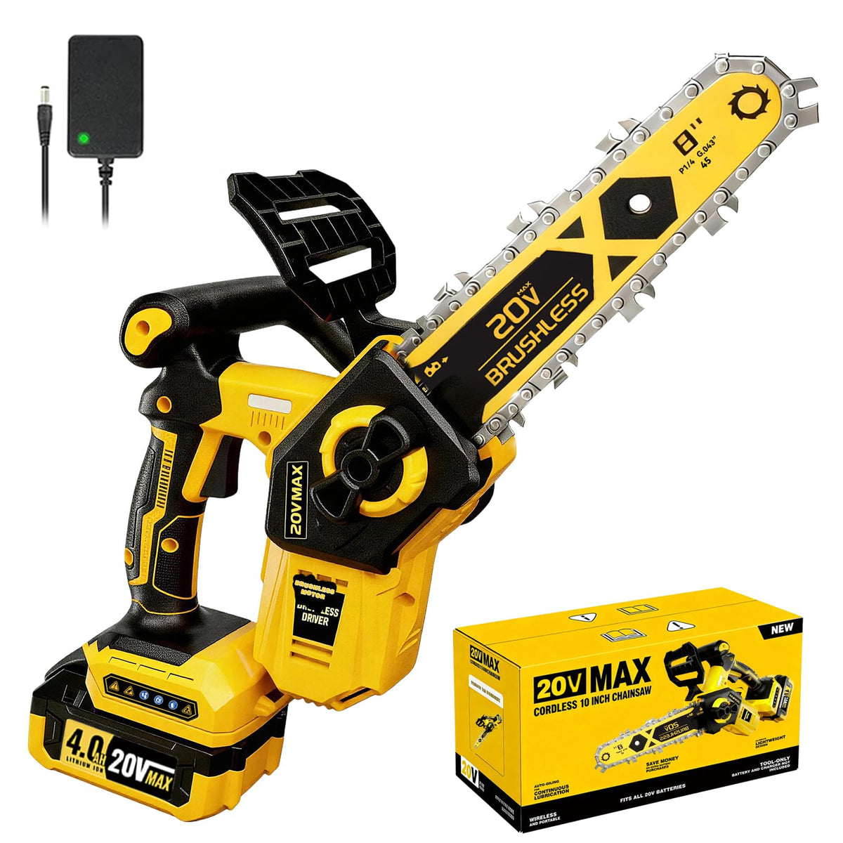 DOOYUTOOL 8-inch chainsaw showing battery compatibility for 20V MAX