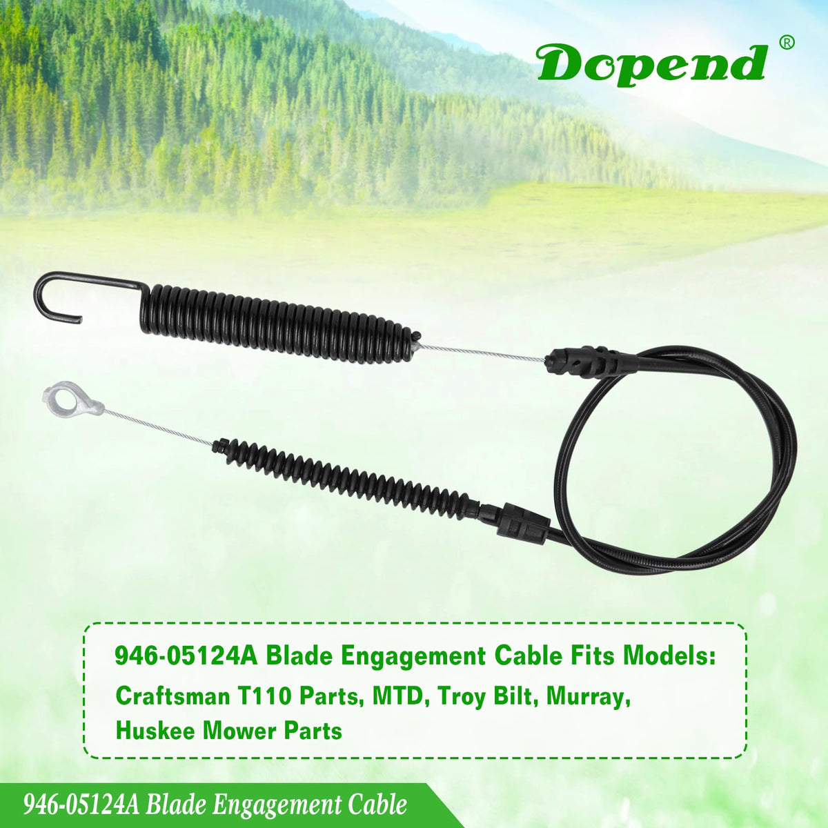 Dopend blade engagement cable on mower installation illustration for straightforward DIY fit.