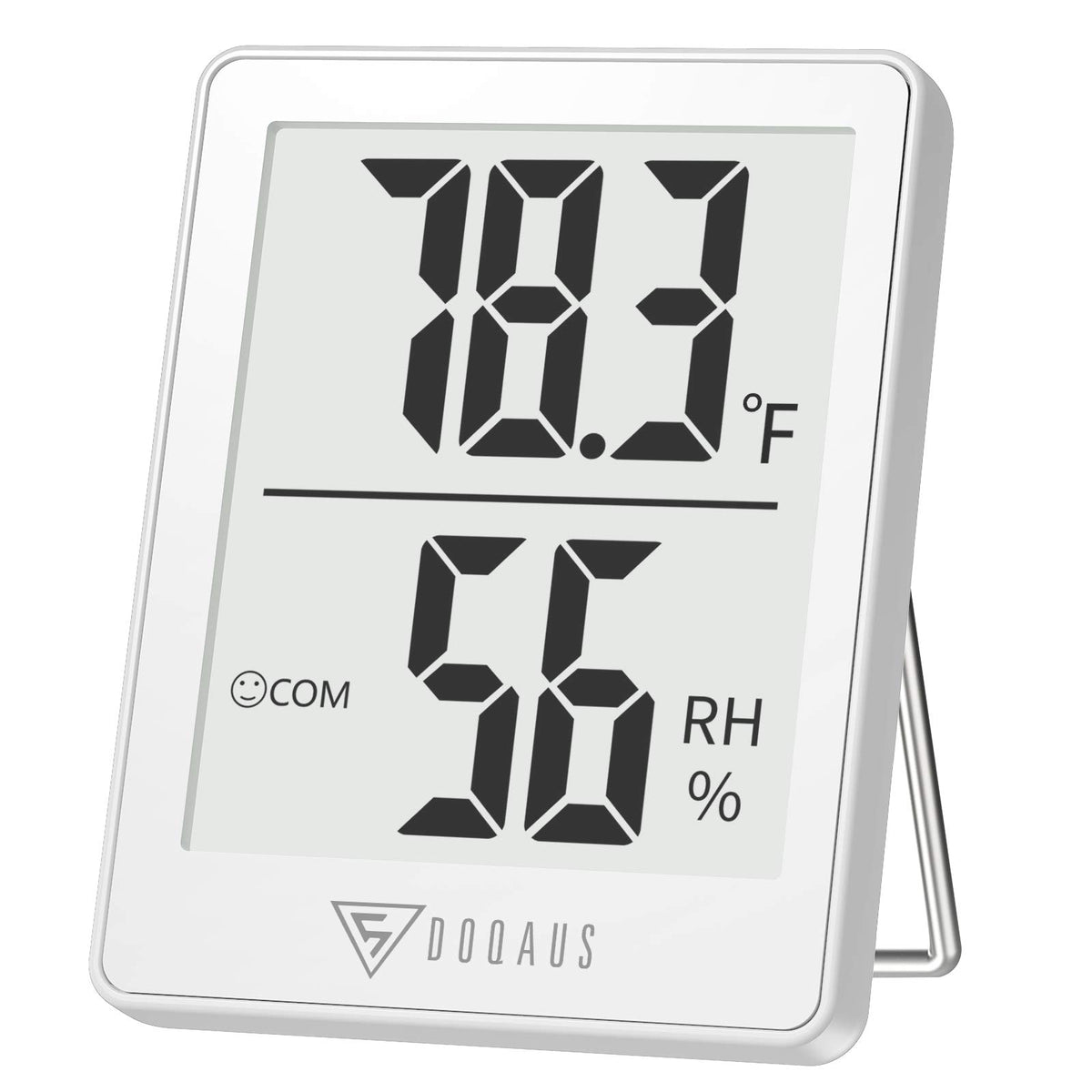 DOQAUS digital hygrometer front view with clear LCD for quick readings.