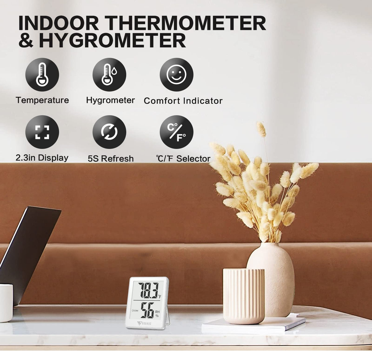 DOQAUS indoor thermometer LCD display showing temperature and humidity levels.