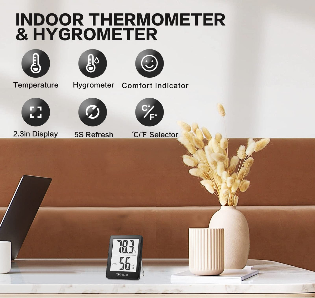 DOQAUS LCD display shows temperature and humidity for precise indoor monitoring.