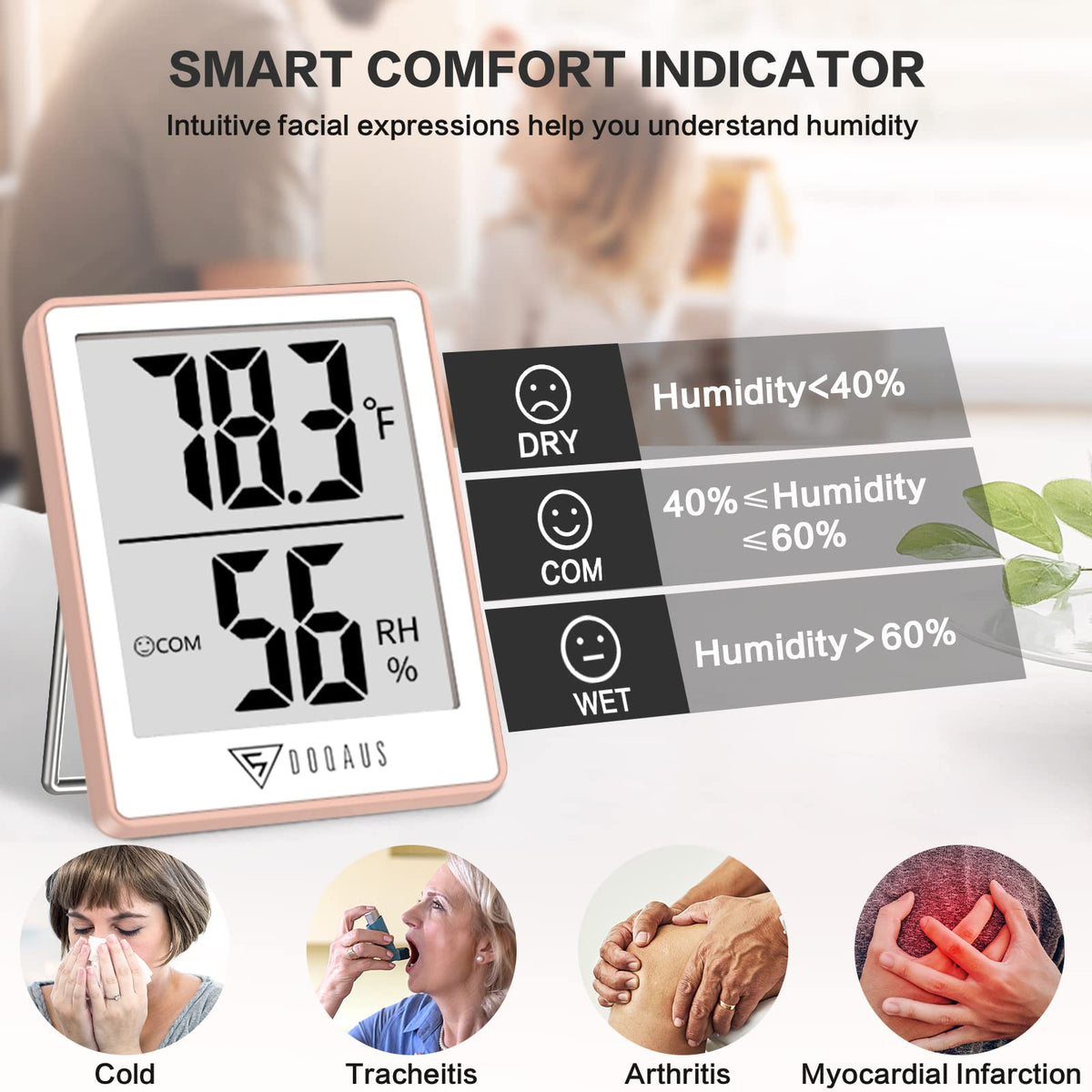 DOQAUS air comfort indicator reveals DRY, COMFORT, or WET conditions at a glance.