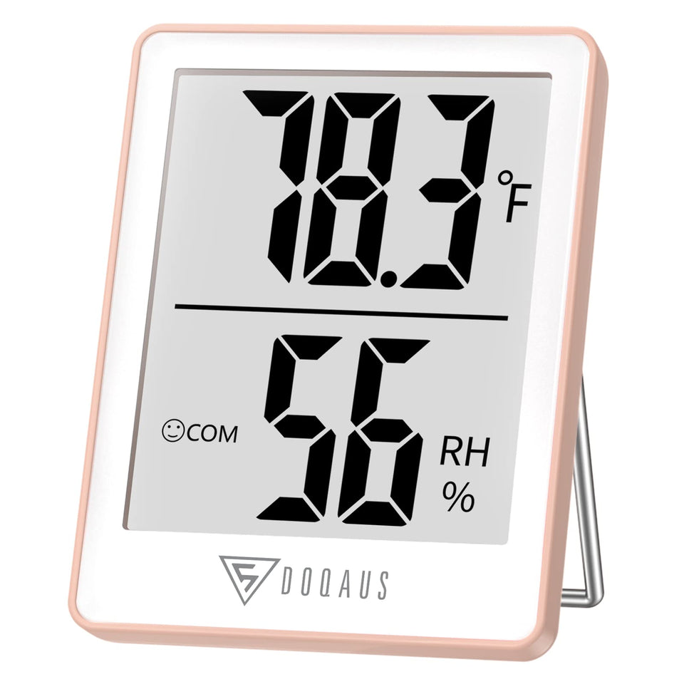 DOQAUS indoor thermometer pink full view highlights a compact design for home use.