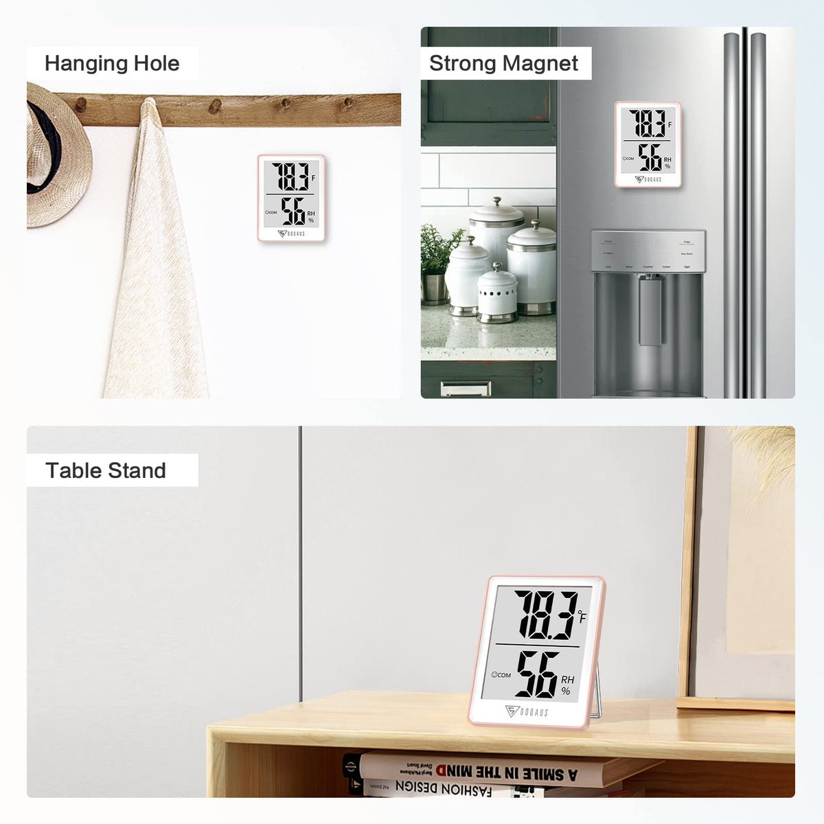 DOQAUS table stand enables stable placement for bedside or office use.