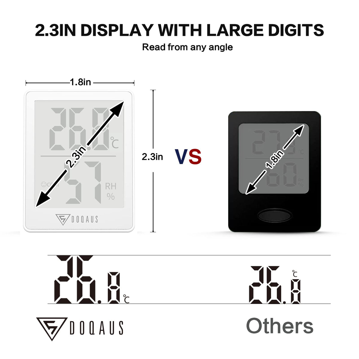 DOQAUS hygrometer with hanging hole, tabletop stand, and magnet mounting.