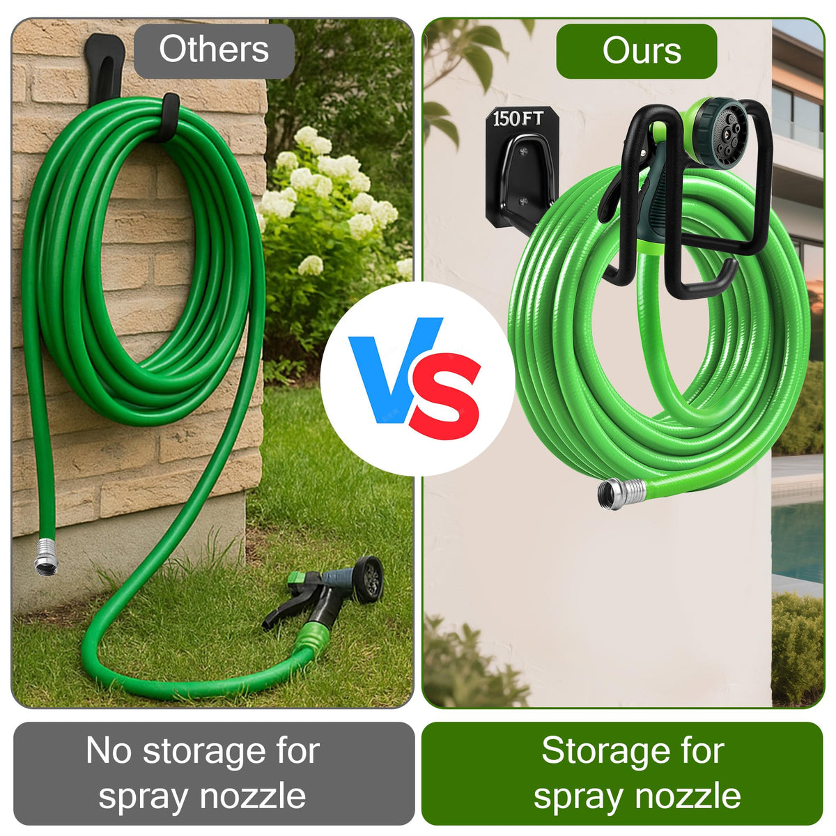 Dorblely metal hose hanger with hook closeup highlighting sturdy construction.