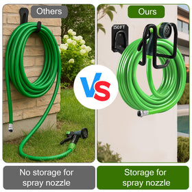 Dorblely metal hose hanger with hook closeup highlighting sturdy construction.
