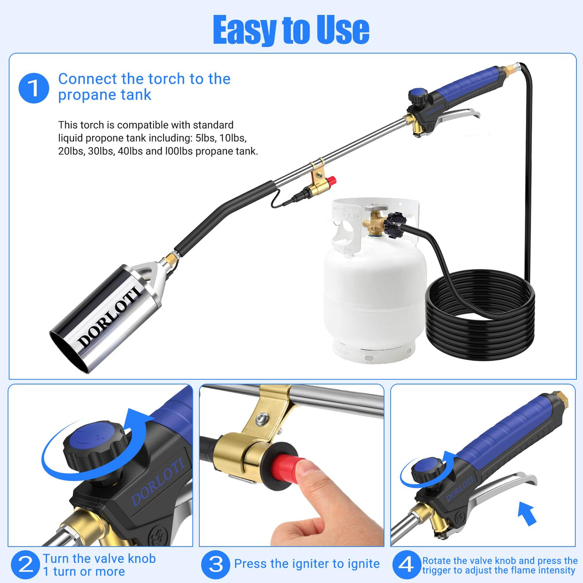 DORLOTI propane torch with 10-foot hose for safer, extended reach.