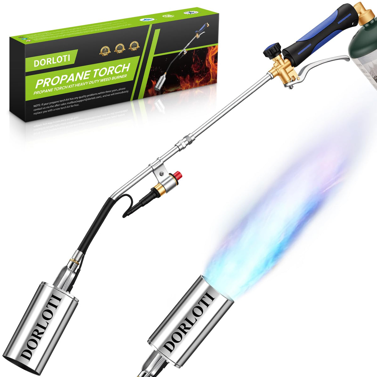 DORLOTI propane torch with 31-inch extended design for upright, safer operation.